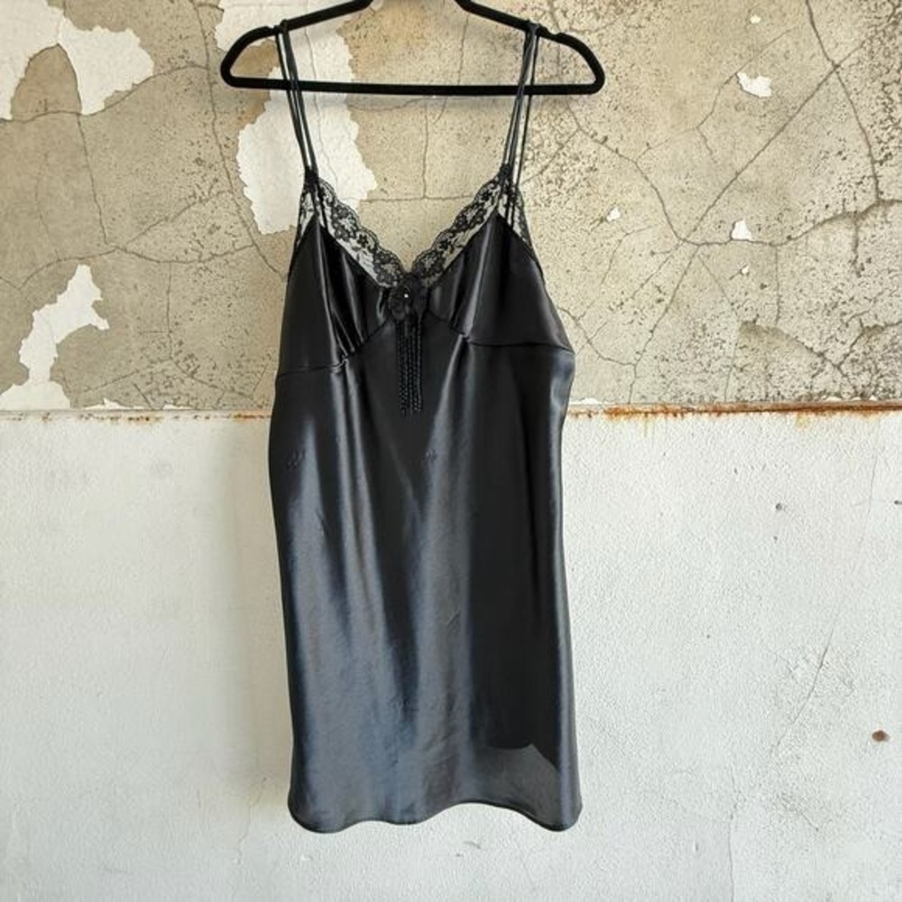 Vtg 90s Satin Chemise Slip Dress Floral Appliqué Coquette Lingerie Cinema Etoile